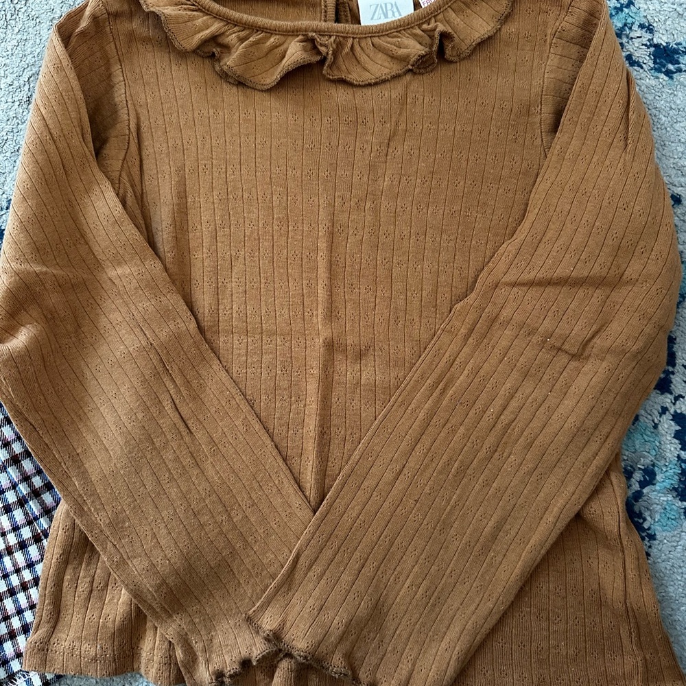 Zara Kinds Brown Ribbed Top with Ruffle Collar